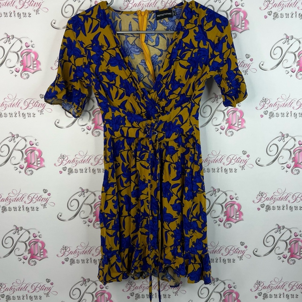 PrettyLittleThing dress lace up corset style flowers Blue Yellow Floral Dress